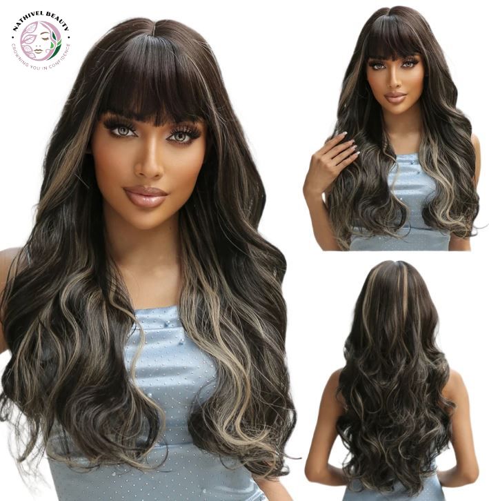 28" Ombre Brown Curly Wig with Bangs