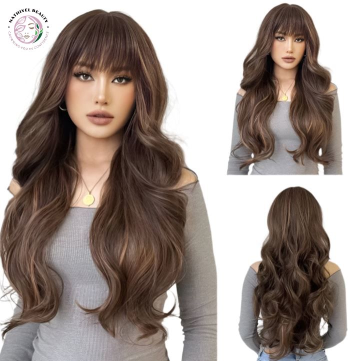 28" Ombre Brown Curly Wig with Bangs