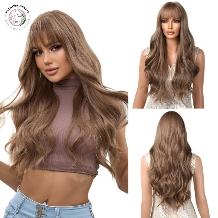 28" Ombre Brown Curly Wig with Bangs