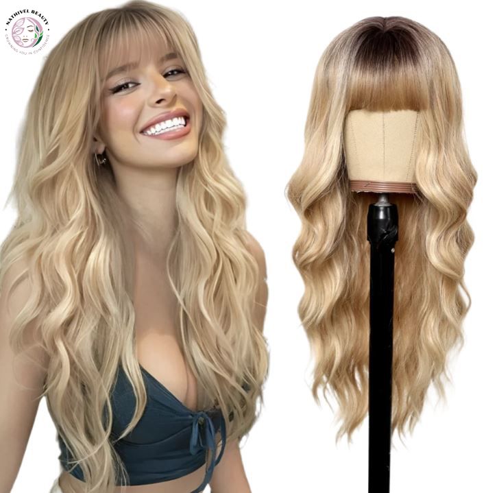 28" Ombre Brown Curly Wig with Bangs