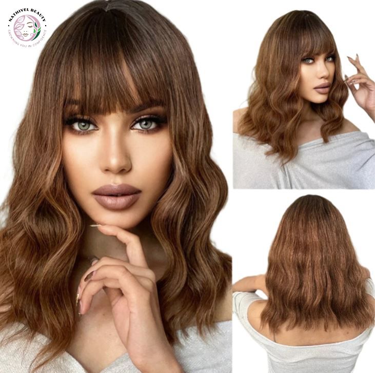 28" Ombre Brown Curly Wig with Bangs