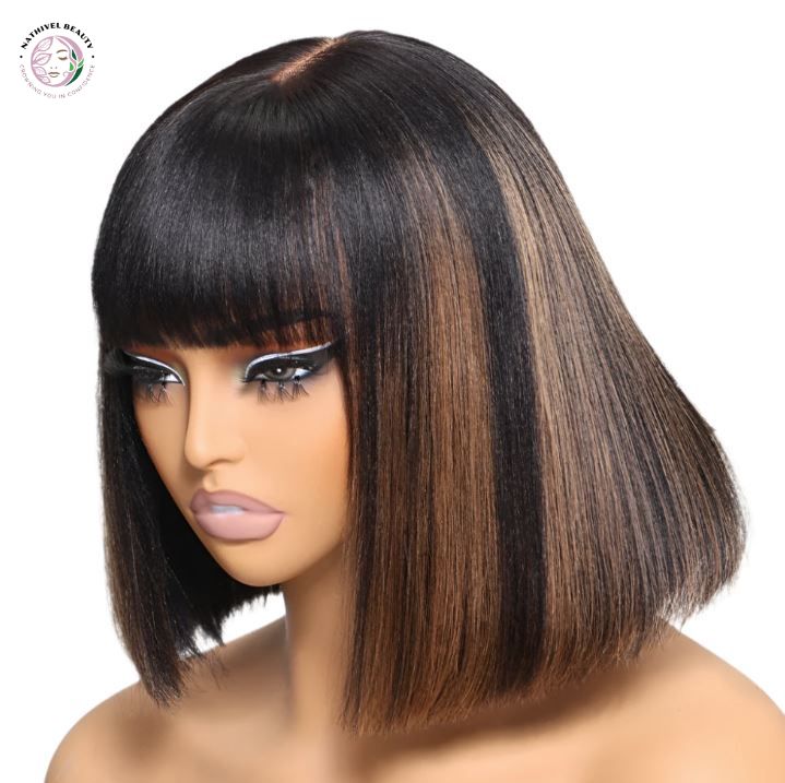 Balayage Highlight Yaki Straight Bob Wig with Bangs