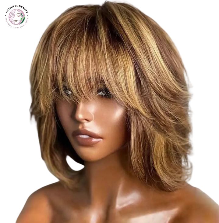 Honey Blonde Highlight Bob Wig with Bangs