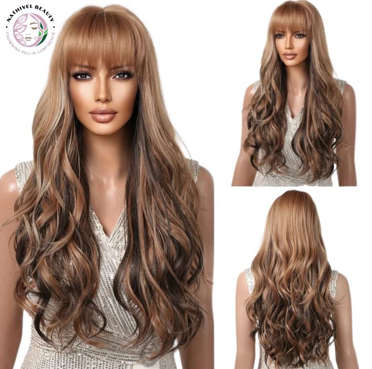Brown Wavy Synthetic Wig with Bangs