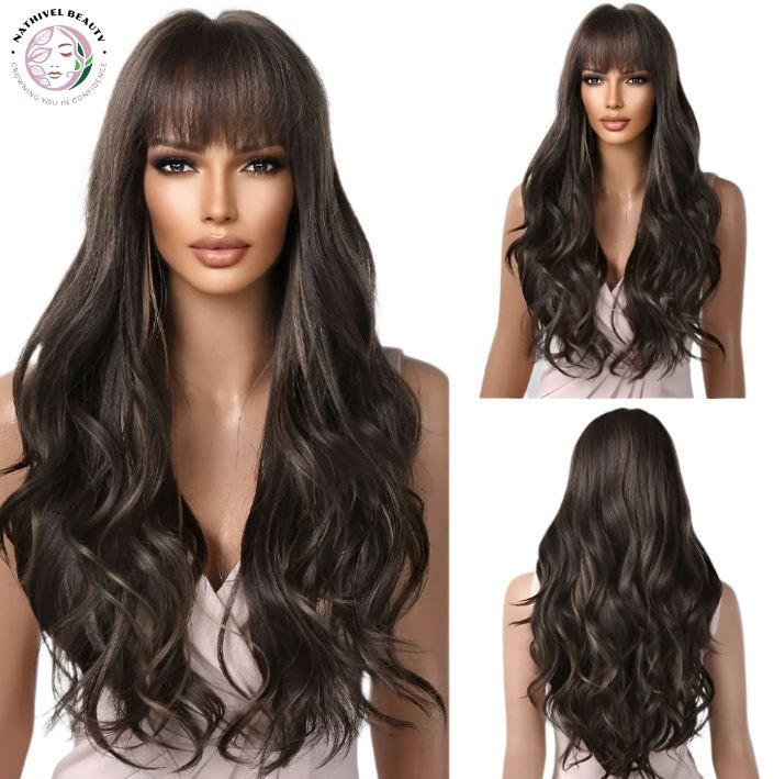 Brown Wavy Synthetic Wig with Bangs