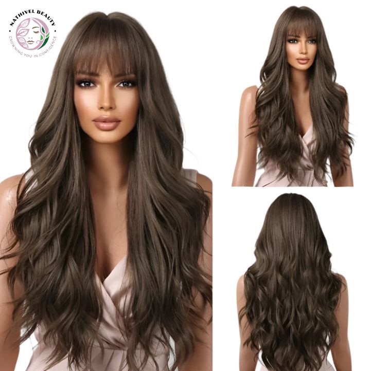 Brown Wavy Synthetic Wig with Bangs