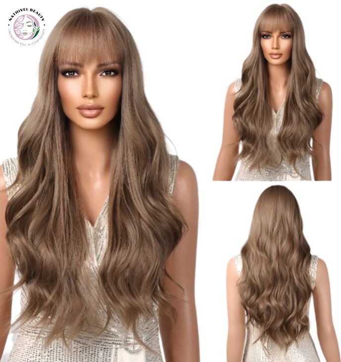 Brown Wavy Synthetic Wig with Bangs