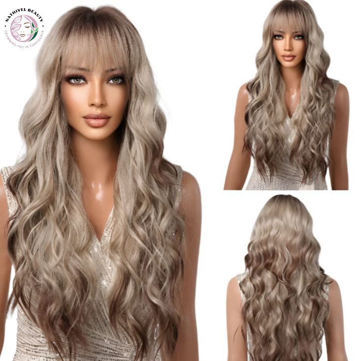 28" Ombre Brown Curly Wig with Bangs