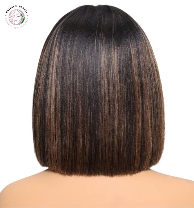 Balayage Highlight Yaki Straight Bob Wig with Bangs