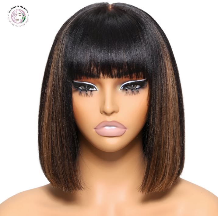 Balayage Highlight Yaki Straight Bob Wig with Bangs