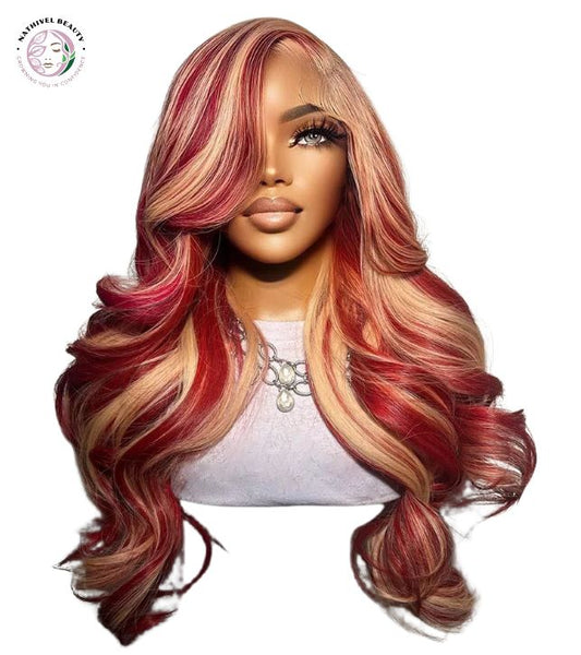 Pomegranate Red 613 Blonde Highlight Body Wave Lace Front Wig