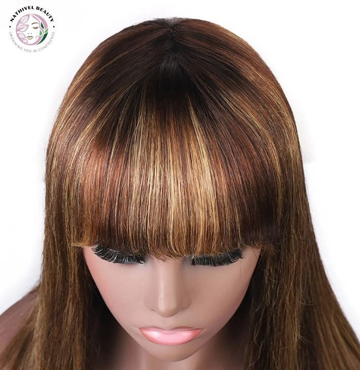 Brazilian Remy Bone Straight Highlight Wig with Bangs