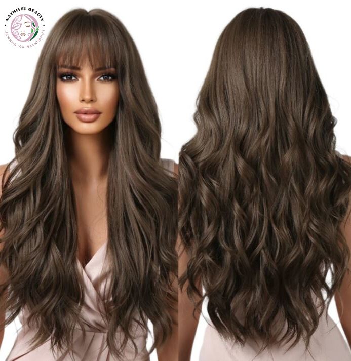 Brown Wavy Synthetic Wig with Bangs