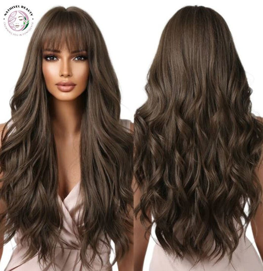 Brown Wavy Synthetic Wig with Bangs