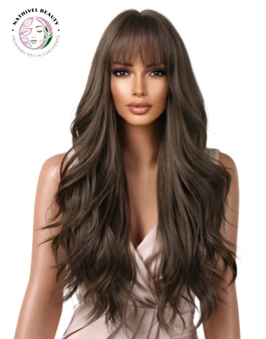 Brown Wavy Synthetic Wig with Bangs