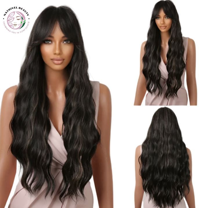 Brown Wavy Synthetic Wig with Bangs