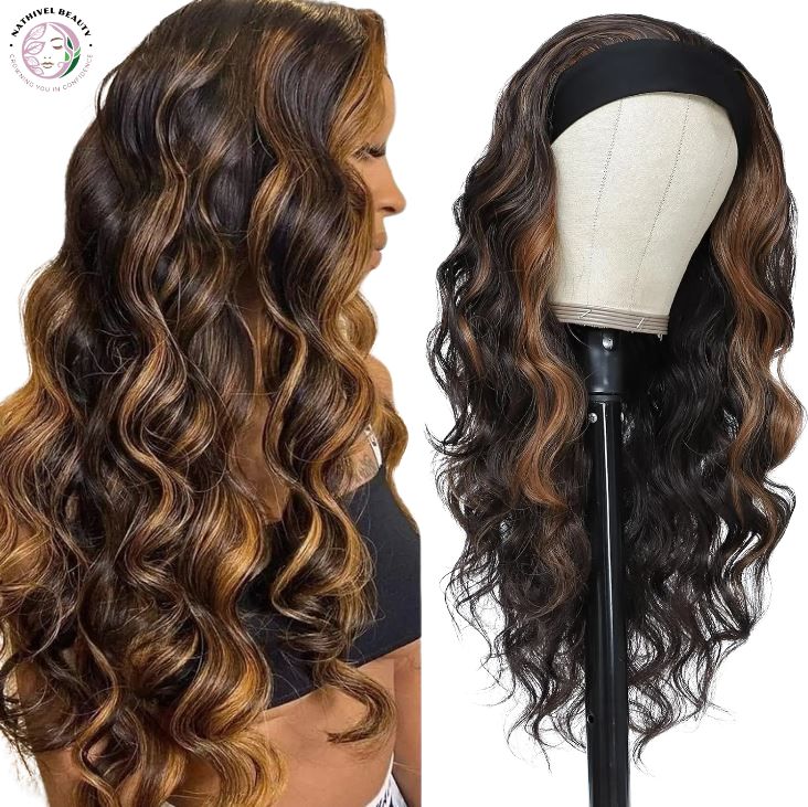 26" Brown Highlight Body Wave Headband Wig